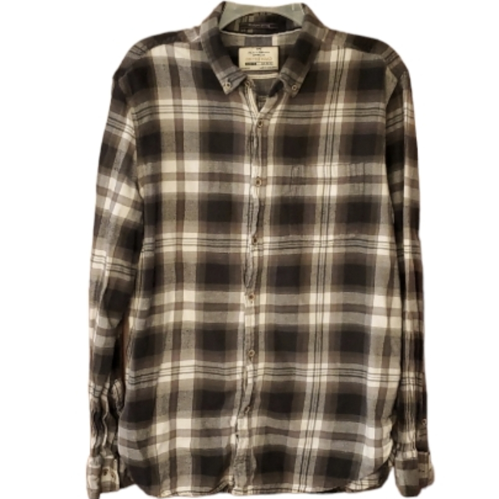 On the Road Mens Brown Plaid‎ Flannel Buttondown Slim Fit Shirt Size 44/XL